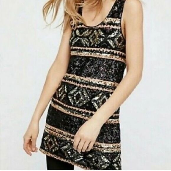Free People NWT Metallic Geometric gold black blush Sequin Dress Xs/S ($350) - Picture 3 of 14